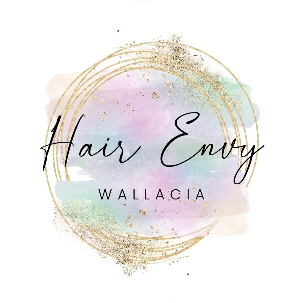 Hair Envy Wallacia logo with pastel watercolour and gold rings